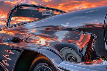 : Sunrise reflected in the chrome surface of a vintage car.