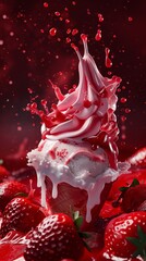 Dynamic image capturing a strawberry swirl ice cream cone with a lively splatter of syrup and berries
