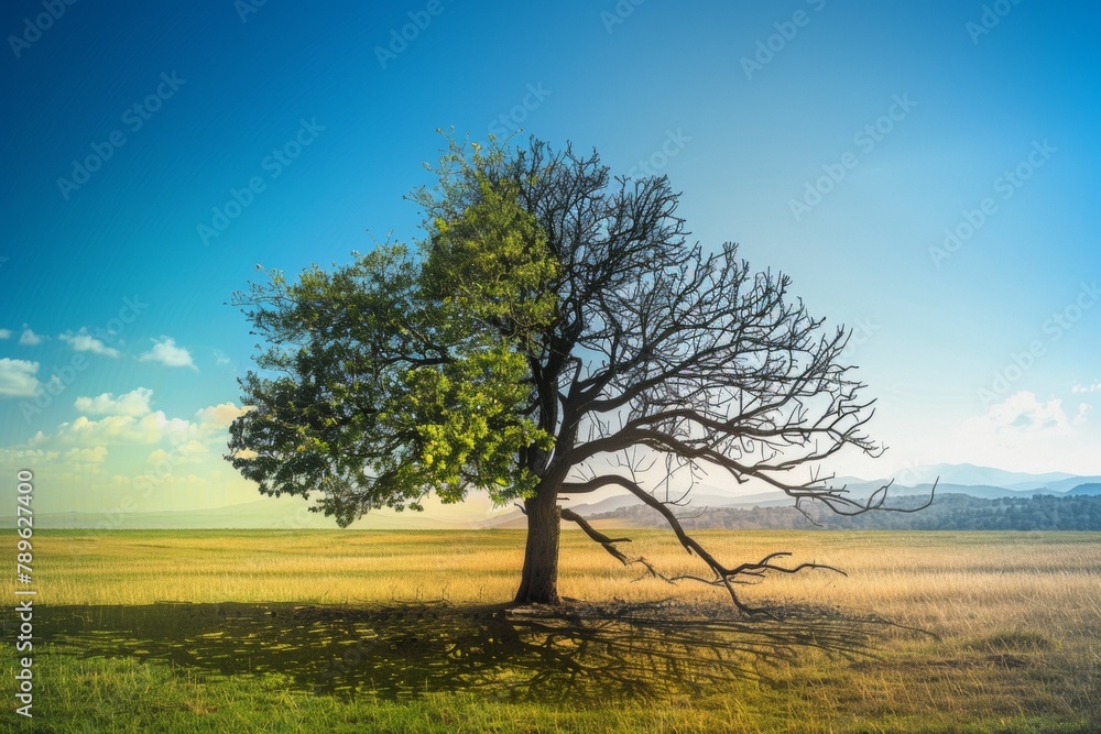 Aufkleber tree in ecology and drought concept. climate change and record heat. background with selective focus