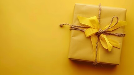 Yellow gift box with natural twine bow on yellow background. Minimalistic design with copy space. Present concept for design, poster, banner