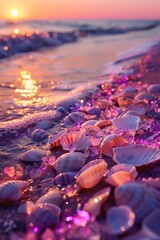 A peaceful shoreline scattered with seashells bathed in the warm glow of the setting sun, highlighting the beauty of nature and serene evenings
