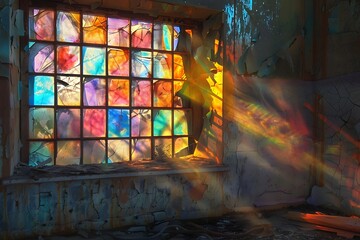 : Sunrise through a broken windowpane casting colorful light on a dusty room.