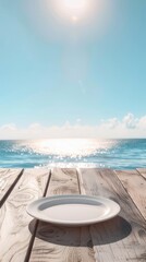 breakfast served on a white flat plate, positioned on a wooden table by the sea, with the background featuring only the tranquil expanse of the sea and the gentle rays of the sun.