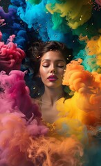 Artistic image of a woman surrounded by explosive colorful smoke clouds creating a dreamlike atmosphere