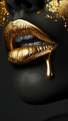 Dramatic black lips dripping with a glistening golden liquid that conveys opulence and high fashion