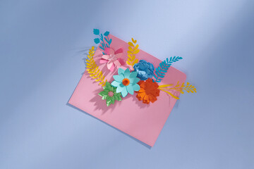 Bouquet of spring flowers inside the envelope