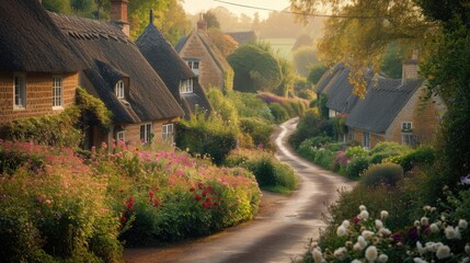 A picturesque lane meanders through an idyllic English village, lined with charming thatched cottages and vibrant, blooming gardens at sunset. Resplendent. - obrazy, fototapety, plakaty