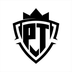 PT Letter bold monogram triangle curve shield shape with crown black and white background color design