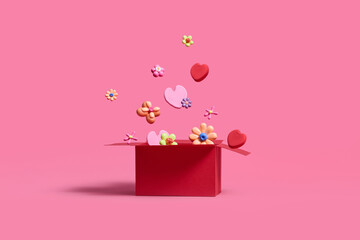 Plasticine flowers, heart explode from the gift box on pink background