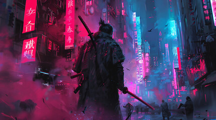modern painting of a samurai, neon lights, futuristic city, cyberpunk, fantasy, people, night, robot, warrior, art, black, smoke, sword, music, future, dark, person, war, futuristic, rock - obrazy, fototapety, plakaty