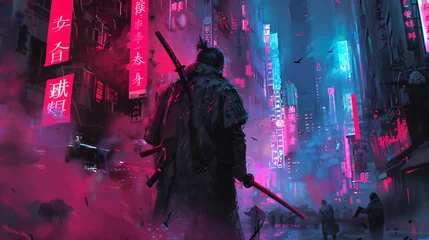 Fotobehang modern painting of a samurai, neon lights, futuristic city, cyberpunk, fantasy, people, night, robot, warrior, art, black, smoke, sword, music, future, dark, person, war, futuristic, rock © Pana