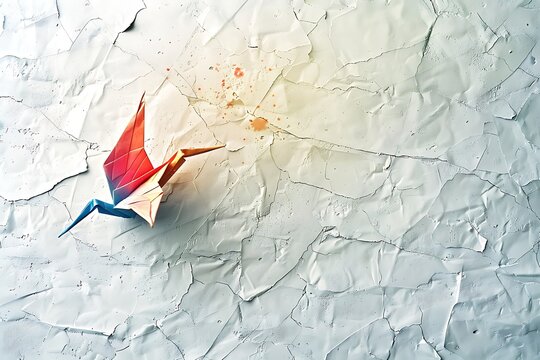: Textured white surface with a single, colorful origami crane silhouette.