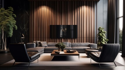 Modern and Sleek Lounge, A modern lounge displays black and gray furniture with an elegant black painted wall and wooden touches, in a close-up view that enhances the luxury
