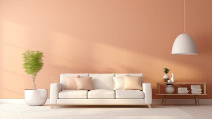 Fototapeta na wymiar Peach Fuzz Minimalist Decor: Embrace the new year with 2024’s color, peach fuzz, in this luxuriously minimal lounge, complete with a white sofa and soft beige walls, all in high-resolution
