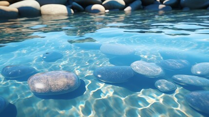 Pristine water and smooth stones under sunlight, creating serene shadows and reflections, ideal for a spa background or cosmetic showcase