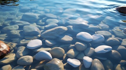 Pristine water and smooth stones under sunlight, creating serene shadows and reflections, ideal for a spa background or cosmetic showcase