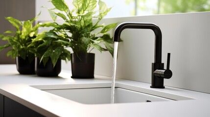 Sleek black kitchen faucet stands over a pristine white sink, with a fresh green plant adding a touch of nature, showcased in realistic high-resolution - obrazy, fototapety, plakaty