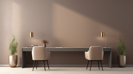 Sophisticated Taupe Office: A luxuriously minimal office space designed in tan and taupe hues, featuring small armchairs and a contemporary metal table, with a blank pastel gray wall providing a calm