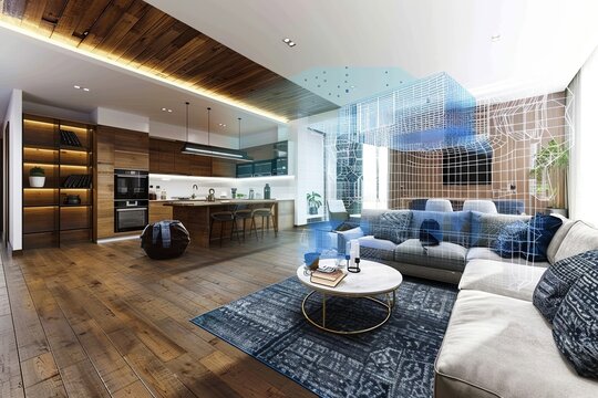 Realistic virtual reality mockup of a living room and kitchen with various furniture pieces