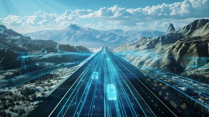 A realistic highway with mountains around it, a blue wireframe hologram of a car driving on it. - obrazy, fototapety, plakaty