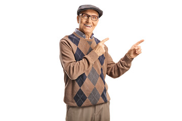 Elderly man with glasses smiling and pointing