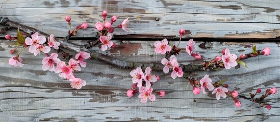 Cherry blossom branch on aged wooden surface.