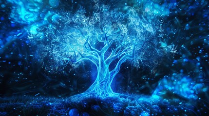 Tree of Light Bioluminescent Branches Azure Growth Luminous Nature Radiant Enlightenment Techno-Natural Fusion Creative Luminescence Eco-Technology Symbol of Wisdom Vital Energy Inspiration and Hope