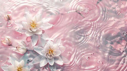 Water lilies blossoms floating in sparkling light pink water, top view, dynamic water surface, minimalism, wide, gaussian blur, bright ripples, light white texture, clear