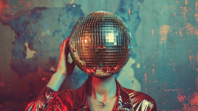 Vintage retro image of a person with a disco ball head. nightclub party portrait.