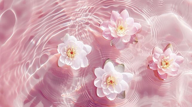 Water lilies blossoms floating in sparkling light pink water, top view, dynamic water surface, minimalism, wide, gaussian blur, bright ripples, light white texture, clear
