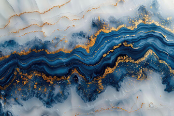 Blue and white marble background with golden veins, featuring flowing lines of blue resin that resemble rivers or streams in the abstract style. Created with Ai