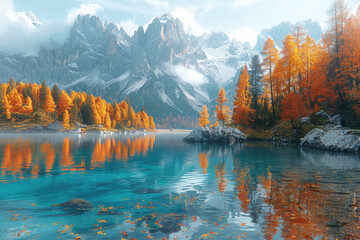 A breathtaking autumn landscape featuring the majestic Alps, with snowcapped peaks reflecting in crystalclear waters of Lake braies surrounded by vibrant orange and yellow trees. Created with Ai - obrazy, fototapety, plakaty