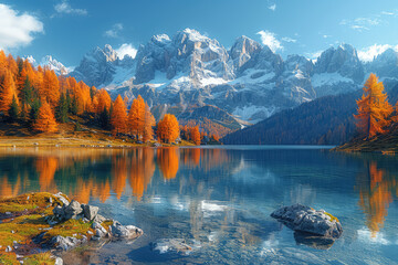 A breathtaking autumn landscape of the Dolomites in Italy, with snowcapped peaks reflecting on braies lake. Created with Ai