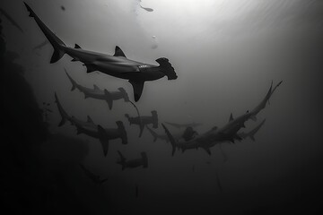 A school of hammerhead sharks cruising silently through the depths. - obrazy, fototapety, plakaty
