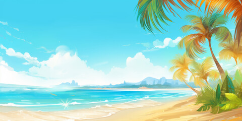 Summer Banner - Sunny Sand With Palm Leaves In Tropical Beach