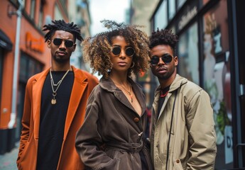 Fashionable, multiethnic trio confidently strutting urban streets, generated by AI