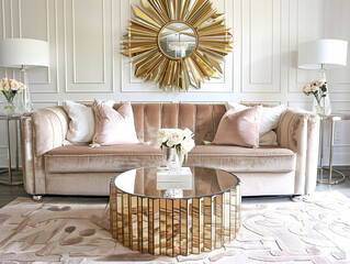 Opulent living room with plush velvet sofa, mirrored accent pieces, and elegant decor details.