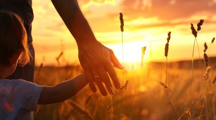 Adult and child touching hands at sunset in a field. Backlit silhouette and nature bonding concept. Design for family-focused posters and emotional wellness