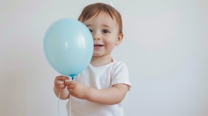 Happy toddler with a blue balloon. Studio portrait with light background. Childhood joy and simplicity concept. Design for birthday invitations and baby announcements