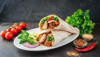 Fresh Turkish lahmacun pizza or Lebanese flatbread burrito style wrap dinner meal with chicken meat, fresh tomato and lettuce.