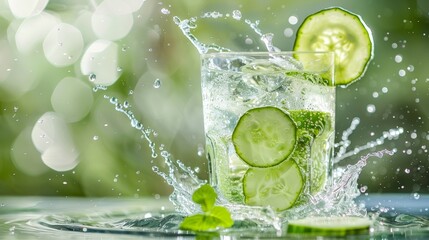 Fresh Cucumber Drink Splash. Green nature and wellness concept. Design for beverage advertising, poster, or banner. Macro shot with copy space