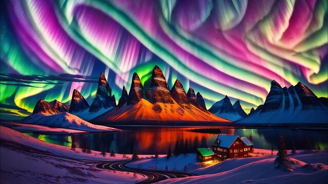 Northern lights in the sky over snow-capped mountains, bright vibrant colors.