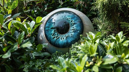 Giant eyeball nestled in colorful flowerbed, unsettling feeling of being watched or the beauty within grotesque - obrazy, fototapety, plakaty