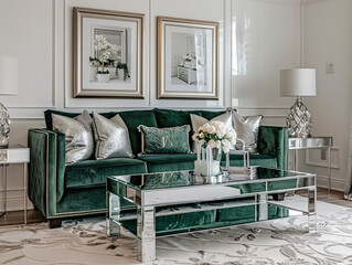 Luxurious living room with velvet sofa and mirrored accents exuding glamour and elegance effortlessly.