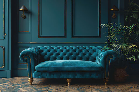 A teal velvet chesterfield sofa in an elegant, dark blue room with wooden floors and classic wall panels. Created with Ai