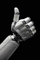robotic hand giving thumbs up, hyper realistic detailled robot photography closeup, black background