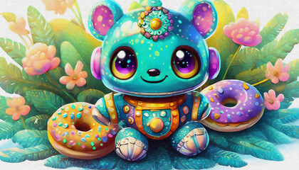 oil painting style CARTOON CHARACTER CUTE BABY robot hold SWEET donuts isolated on color background