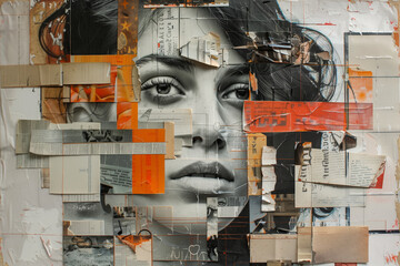 Portrait of a beautiful girl with a geometrical collage, Abstract design