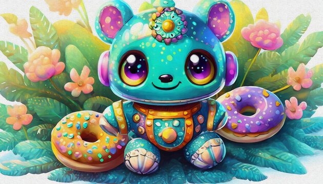 oil painting style CARTOON CHARACTER CUTE BABY robot hold SWEET donuts isolated on color background