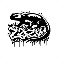 salamander silhouette, animal graffiti tag, hip hop, street art typography illustration.